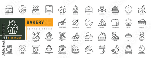 Minimalist Bakery line icons set with editable stroke, featuring bakery shop, donut, birthday cake, cookies, cupcake, macaroon, company, pudding, mill, cake, pancake, muffin. thin linear illustration.