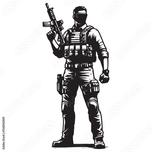 Man in military uniform holding a gun image vector