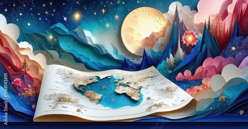 Papercraft world emerges from open book. Mountains, moon, stars create fantastic landscape. Detailed map extends beyond page.