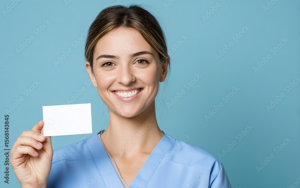 Cinematic stock photo of a happy nurse holding up a business card against a blue background, Cinematic stock photo of a happy nurse holding up a business card against a blue background,