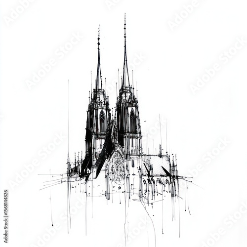 Detailed ink sketch of a Gothic cathedral