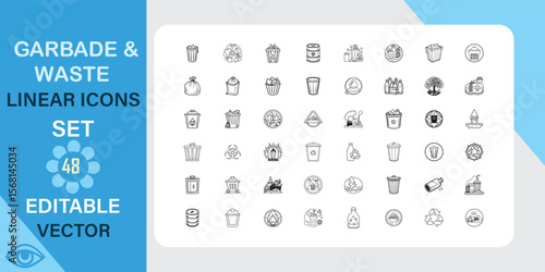Garbage and waste linear icons set. Recycling, pollution, bin and more. Outline vector icon in linear style. Editable stroke. Vector illustration.