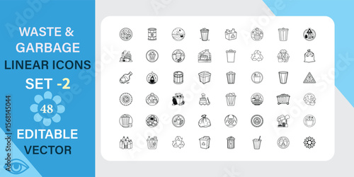 Waste and garbage linear icons set. Bin, trash, can, container and more. Outline vector icon in linear style. Editable stroke. Vector illustration.