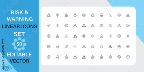 Risk and warning linear icons set. Road, transport, electrical and more. Outline vector icon in linear style. Editable stroke. Vector illustration.