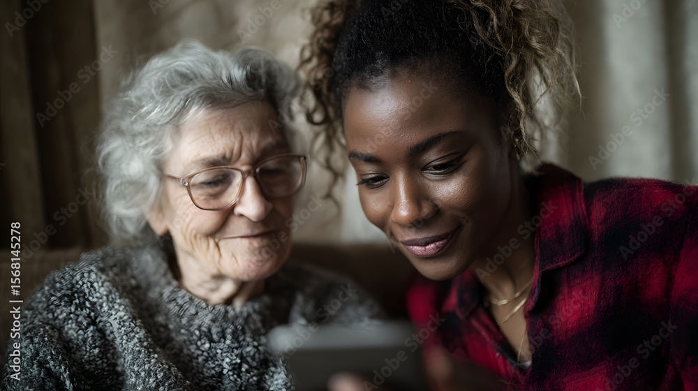 Fototapeta premium Elderly woman receiving assistance with mobile device