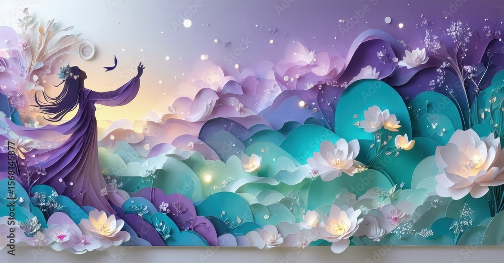 Mystical scene depicts woman amidst floral landscape. Layers create depth, soft lighting enhances dreamlike quality. Peaceful, serene imagery. Mystical scene depicts woman amidst floral landscape. Layers create depth, soft lighting enhances dreamlike quality. Peaceful, serene imagery.