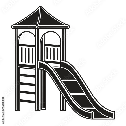 Black and white illustration of a playground slide with a tower climbing outdoor