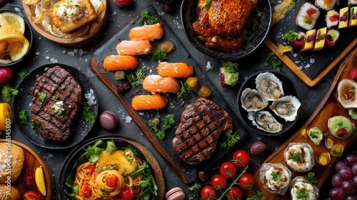 Gourmet buffet spread, featuring various dishes