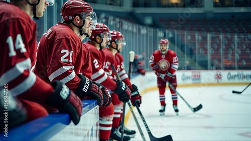 Ice hockey team on the bench during a professional game, waiting for their turn on the ice. Teamwork, competition, and winter sports concept.