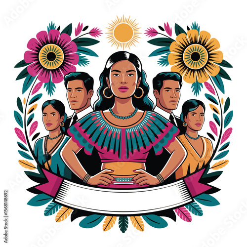 Bold Latin American Cultural Portrait Vector with Historic Figures and Festive Elements
