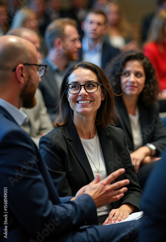 A professional businesswoman with glasses smiles engagingly, actively listening to a colleague during a productive networking session at a business conference or seminar.

