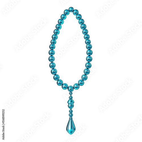 Teal beaded necklace with teardrop pendant against black background