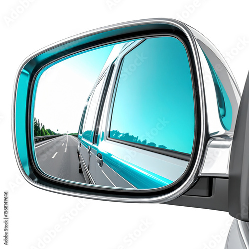 Teal car side mirror reflecting highway scene