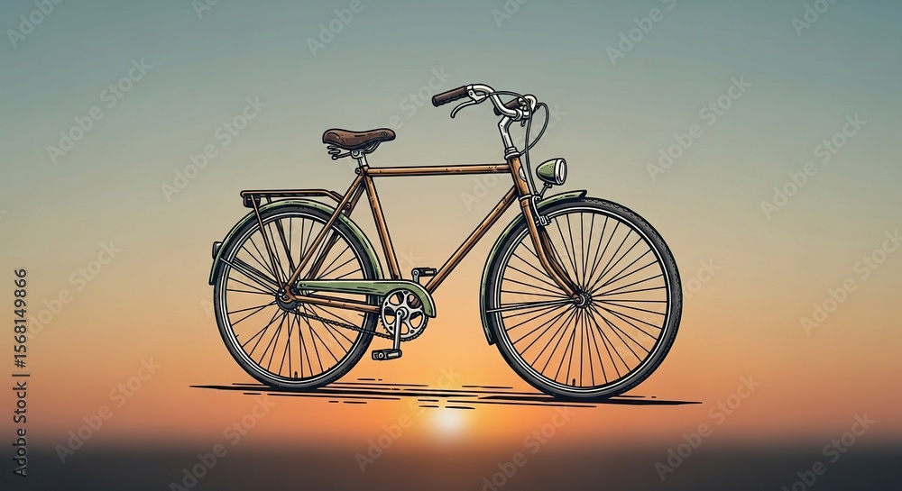 Fototapeta premium Vintage Bicycle Silhouette Against Sunset: Retro Bike Illustration, Warm Colors.