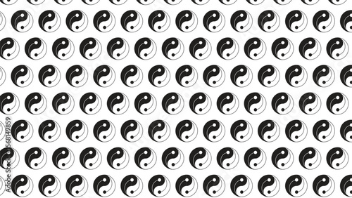 Seamless black and white yin yang pattern with varying sizes. Ideal for spiritual-themed backgrounds, meditation designs, textiles, wallpapers, and decorative art