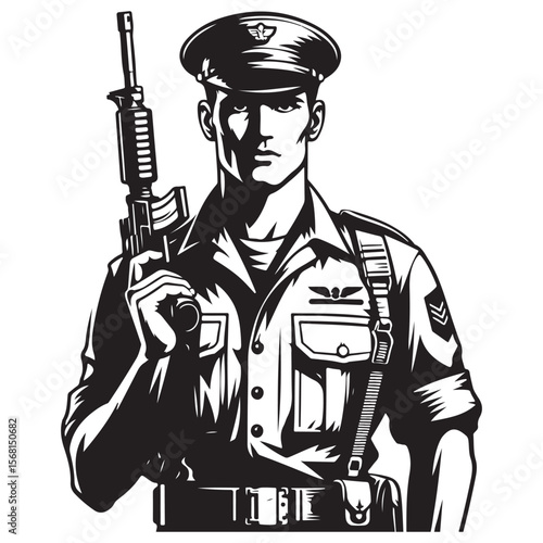 Man in military uniform holding a gun image vector