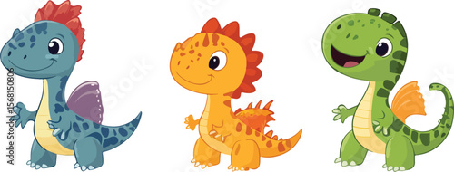 Three Adorable Cartoon Baby Dinosaurs Standing Side by Side on a White Background
