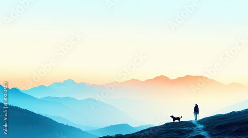 Person walking with dog on a serene mountain path during sunrise in tranquil landscape with soft hues and silhouettes of distant peaks