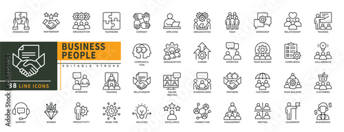 Minimalist Business People line icons set with editable stroke, featuring stakeholder, partnership, organization, teamwork, training, company, workshop, customers, meeting. thin linear illustration.