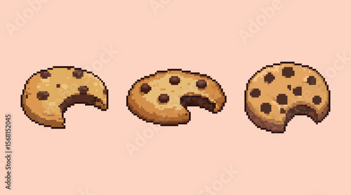 Pixel Art Chocolate Chip Cookie Icon Set. A delicious-looking set of 8-bit style pixel art chocolate chip cookies.
