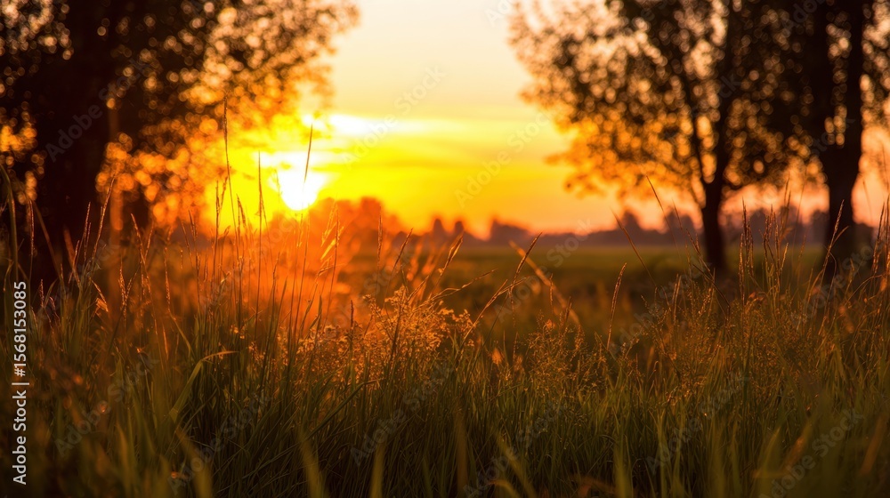 Fototapeta premium The serene sunset illuminating grass under a beautiful evening sky.