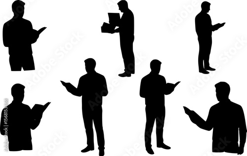 Set of male teacher with book silhouette vector