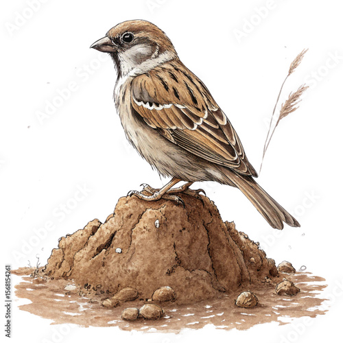 sparrow in a water clay on white backgroun