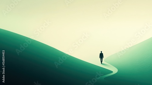 Solitary figure walking on winding path through green hills under soft light of dusk in a tranquil landscape setting
