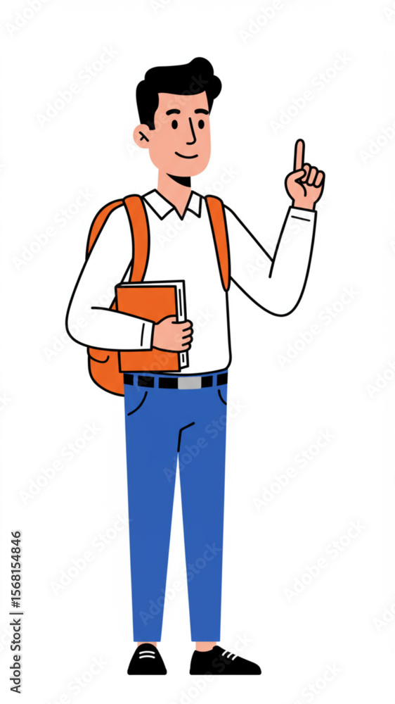 Male Student with Backpack and Book Pointing Upwards Illustration Male Student with Backpack and Book Pointing Upwards Illustration