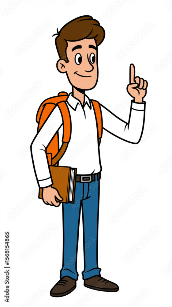 Happy Cartoon Student Character with Backpack and Book Pointing Up Happy Cartoon Student Character with Backpack and Book Pointing Up