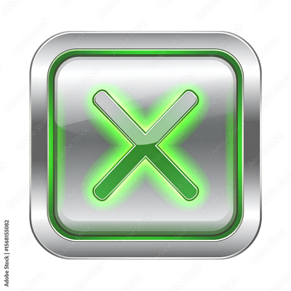 Close button icon metallic green x symbol digital interface element Close button icon metallic green x symbol digital interface element