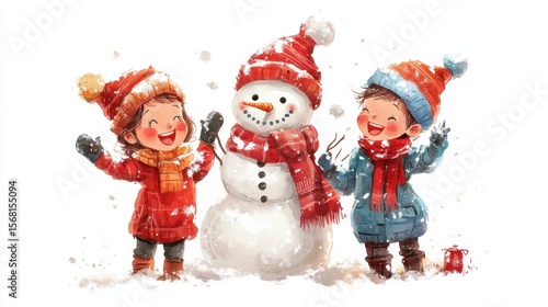 Children building a snowman in a winter wonderland while wearing colorful hats and scarves