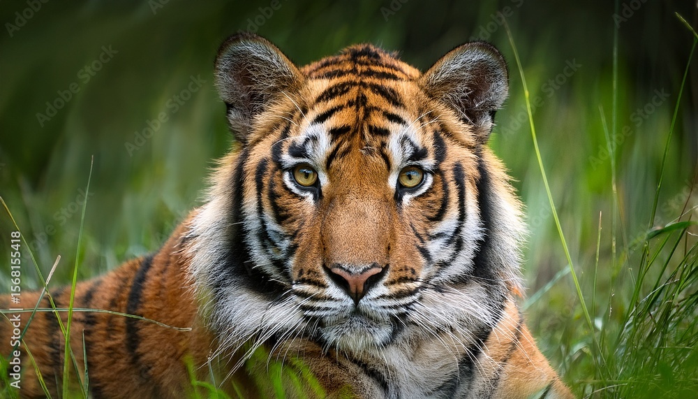 Fototapeta premium close up of a sumatra tiger in grass staring intently at the lens