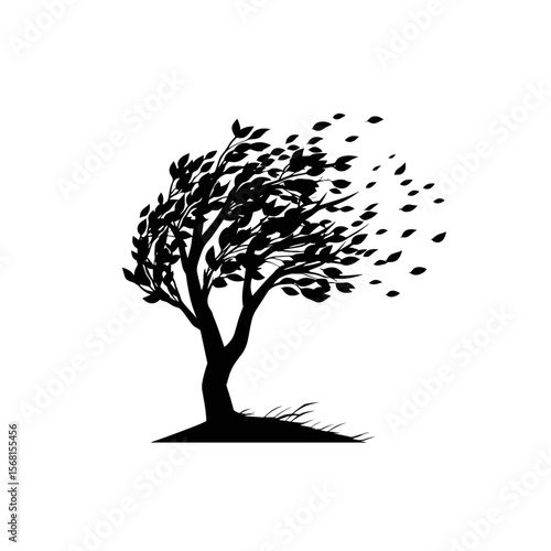 Silhouette of a tree with leaves blowing in the wind, creating a sense of movement and change. The dark silhouette contrasts against white.