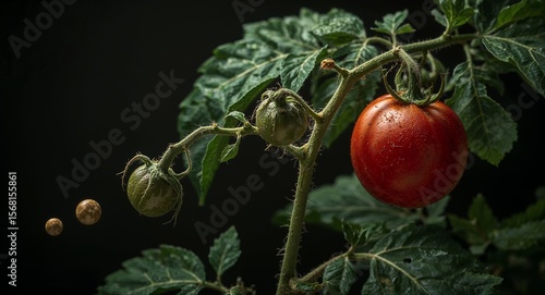 Tomato plant with a ripe red tomato and unripe green tomatoes against a dark background indoors
