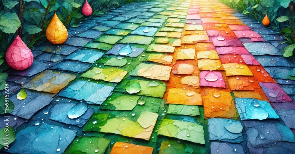 Fototapeta premium Colorful stone path glistens with raindrops. Vibrant hues transition across surface, creating whimsical scene. Lush greenery surrounds walkway.