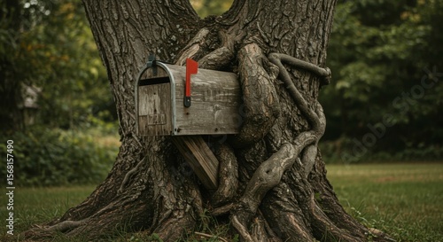 Rustic mailbox nestled between two tree trunks, engulfed by intertwined roots and vines