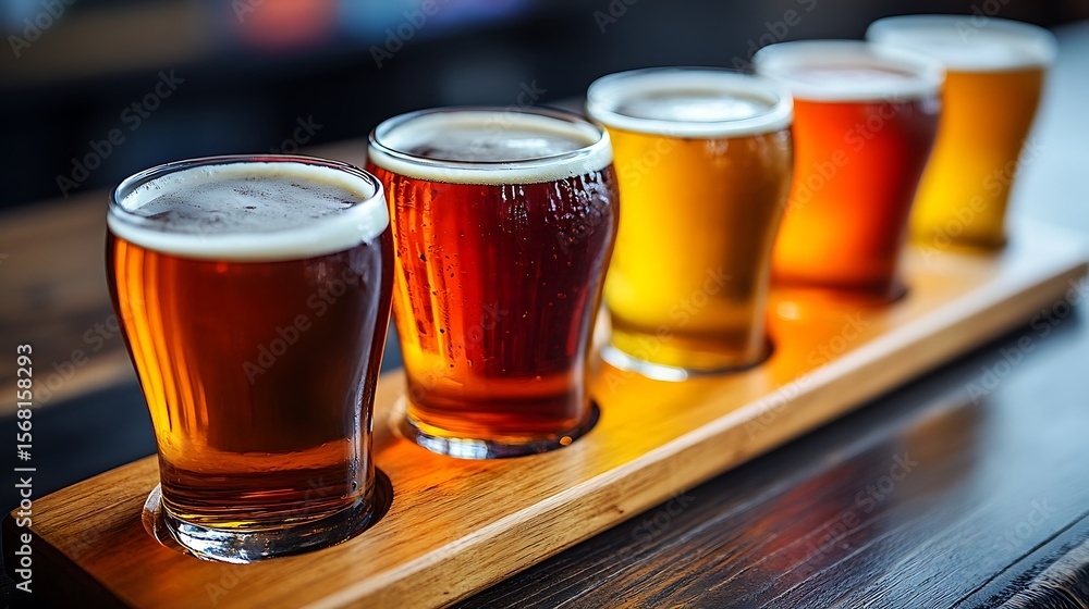 Variety of beers in tasting glasses. Variety of beers in tasting glasses.