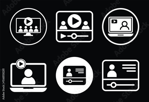 Collection of white video conference and online meeting icons on black background