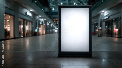 Digital advertisement frame with white placeholder in indoor shopping mall hallway