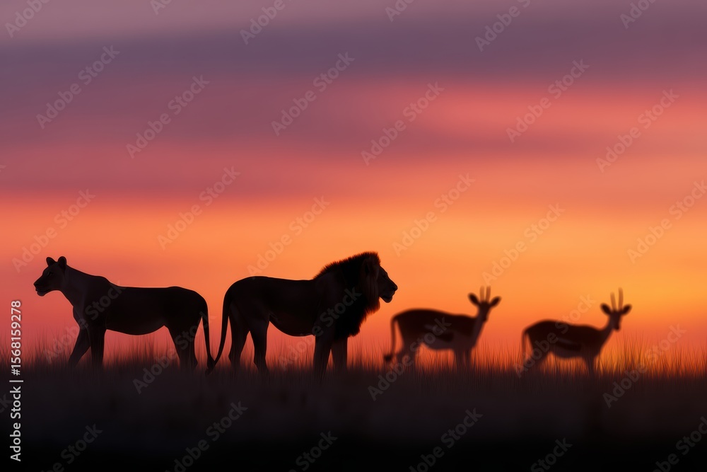 Wild animal silhouettes at sunset in African savanna Wild animal silhouettes at sunset in African savanna
