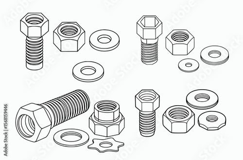 Hexagonal bolts nuts and washers threaded