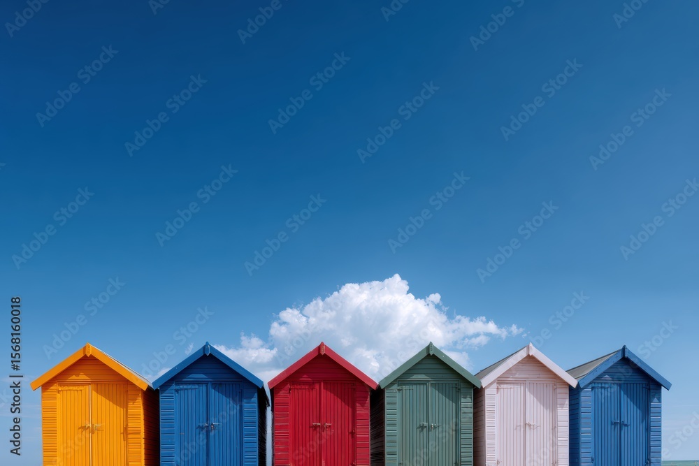 Fototapeta premium Row of colorful beach huts on a sunny summer day, blue sky above