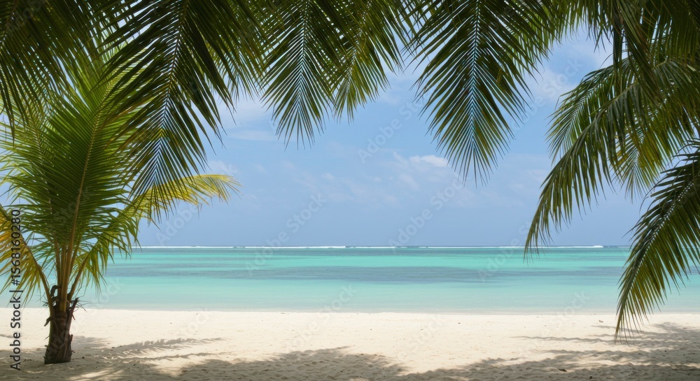 Idyllic tropical beach scene framed by lush palm fronds, showcasing tranquil turquoise waters and pristine white sand Idyllic tropical beach scene framed by lush palm fronds, showcasing tranquil turquoise waters and pristine white sand
