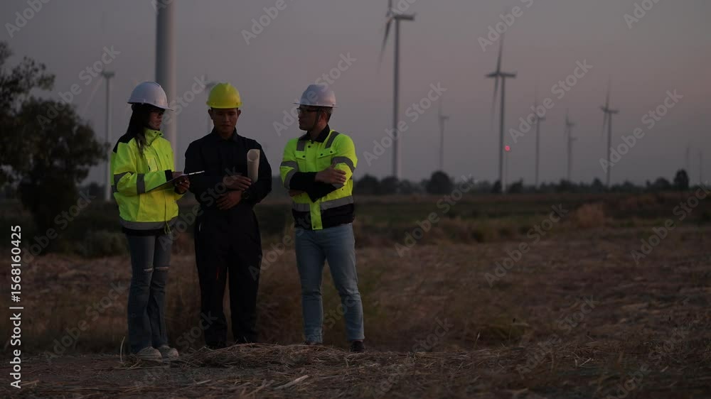 Maintenance engineer team standing at windmills at wind turbine farm.Sustainable energy technology. Group of people wear safety helmet and uniform working at alternative renewable energy wind station. Maintenance engineer team standing at windmills at wind turbine farm.Sustainable energy technology. Group of people wear safety helmet and uniform working at alternative renewable energy wind station.