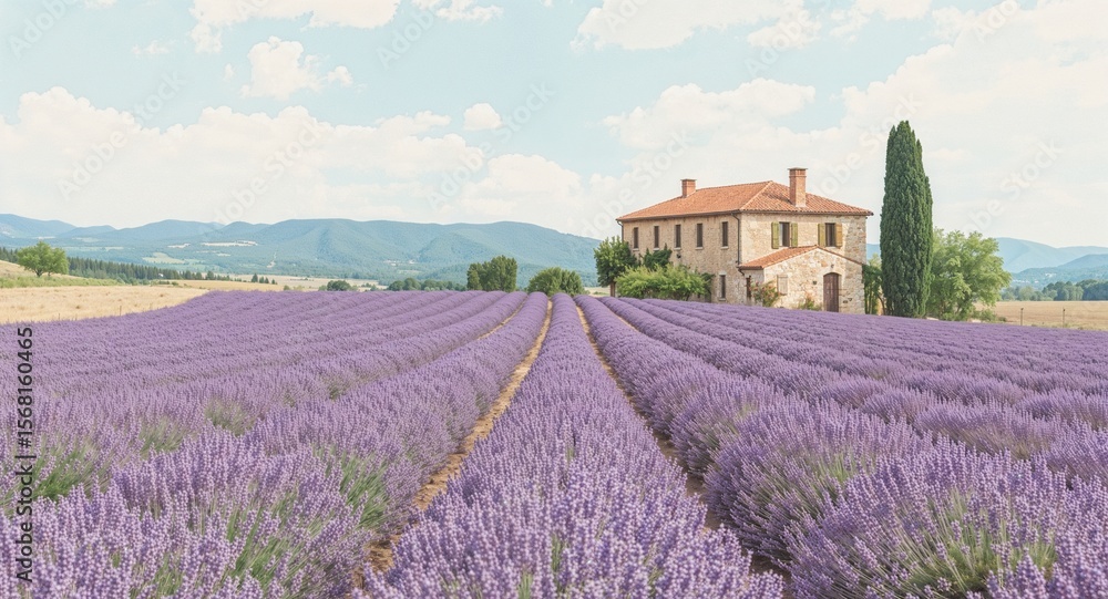 Obraz premium Lavender field in bloom with a stone house and a tall tree under a partly cloudy sky in the countryside
