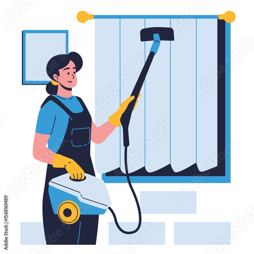 Illustration of an House Keeper Vacuum Curtain Cartoon