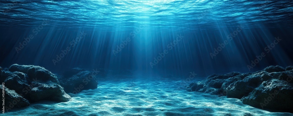 Naklejka premium Underwater scene with sunlight beams piercing through ocean surface, illuminating rocky seabed and creating a serene marine atmosphere.