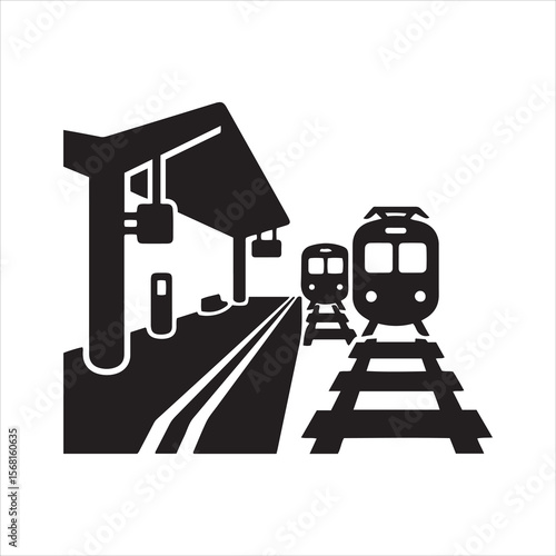 Modern train station with two trains on tracks and platform shelter