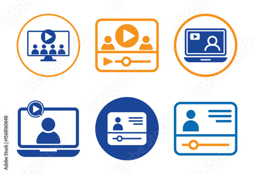 Collection of video conference and online meeting icons in blue and orange colors